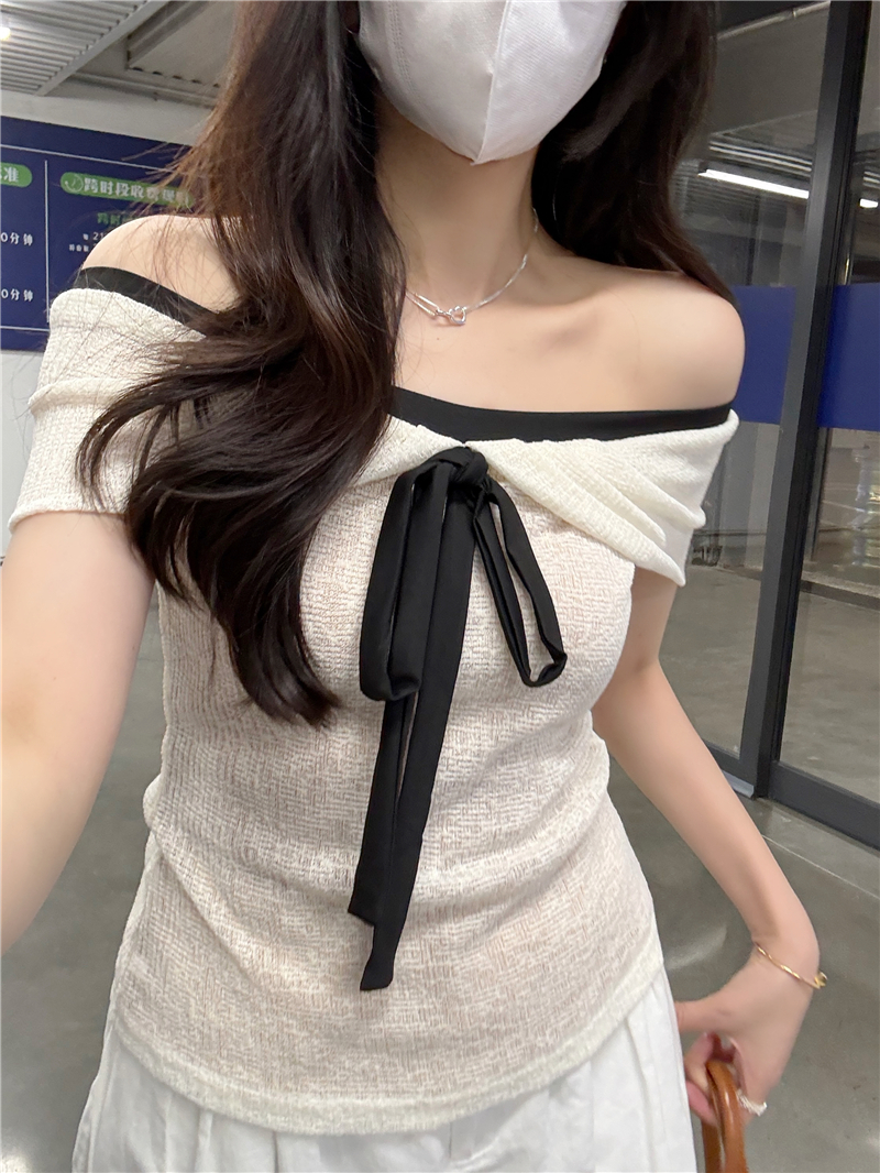 정가 실사 레이스 오프숄더 둘 바늘 짠 셔츠 여성 레이스업 디자인 센스 맨위