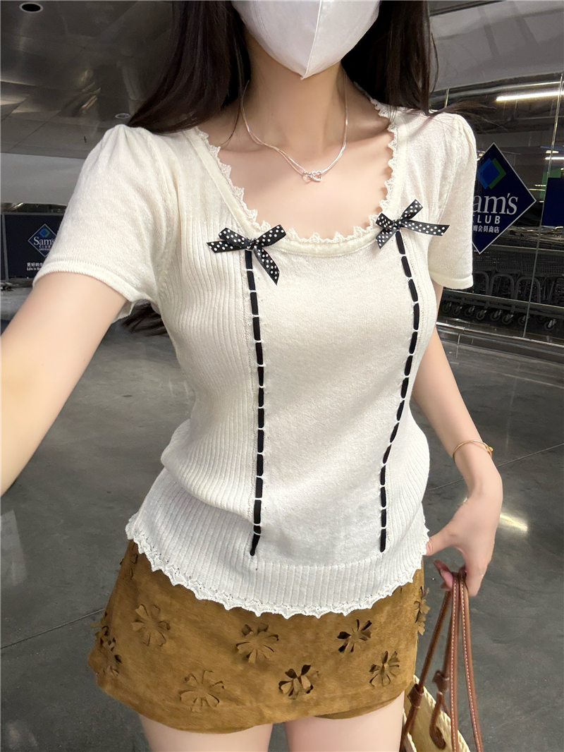 BY36297# 系蕾丝蝴蝶结少女感针织衫短袖t 服裝批發女裝批發服飾貨源