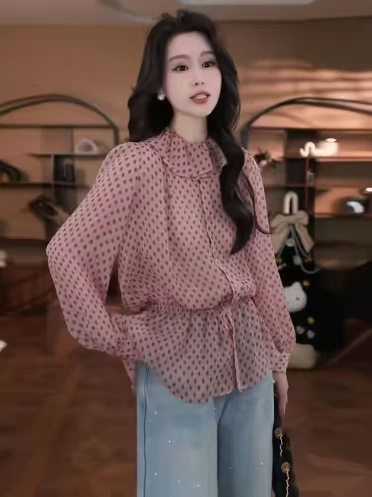 디자인 센스 프릴 칼라 싱글 줄 버튼 여성 셔츠 계절 새로운 패션 품격 외국 가스 루즈핏 슬림해 보이는 맨위