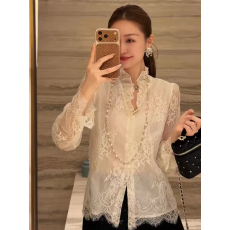 批发法式重工蕾丝拼接衬衫女2026春季高级感木耳边宽松百搭长袖上衣潮