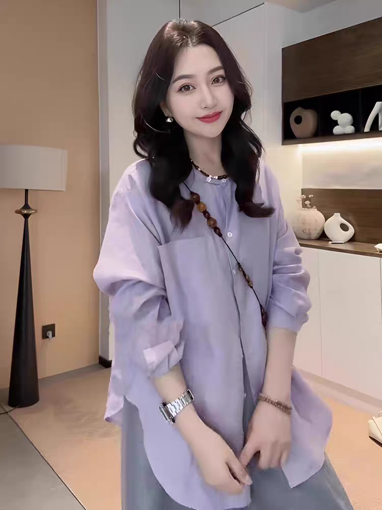 프랑스식 고급 센스 보라색 라운드 넥 긴팔 여성 셔츠 2025 이른 봄 새로운 루즈핏 슬림해 보이는 캐주얼 자외선 차단 맨위