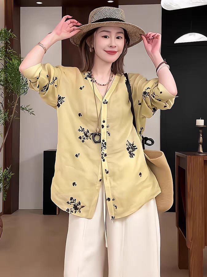 프랑스식 레트로 황색 자수 V넥 긴팔 셔츠 여름 품격 다용도 얇고 가벼운 통기성 자외선 차단 셔츠 맨위