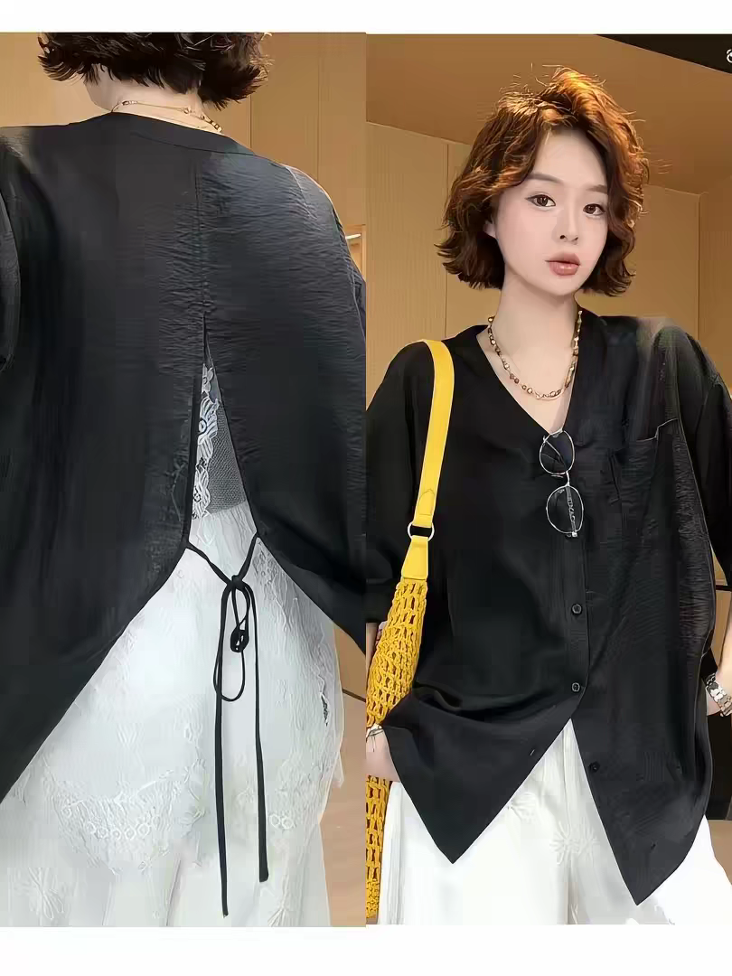 프랑스식 레트로 이후 트임 레이스 조각 반팔 여성 셔츠 여름 디자인 센스 작은 대중 루즈핏 슬림해 보이는 맨위 얇은