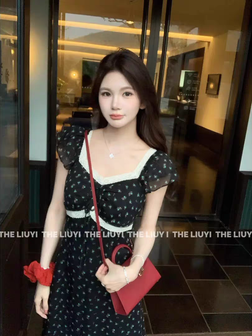 프랑스식 차 휴식 꽃무늬 도트 무늬 레이스 조각 허리 수축 여성 드레스 여름 V넥 품격 길다 얇은 치마
