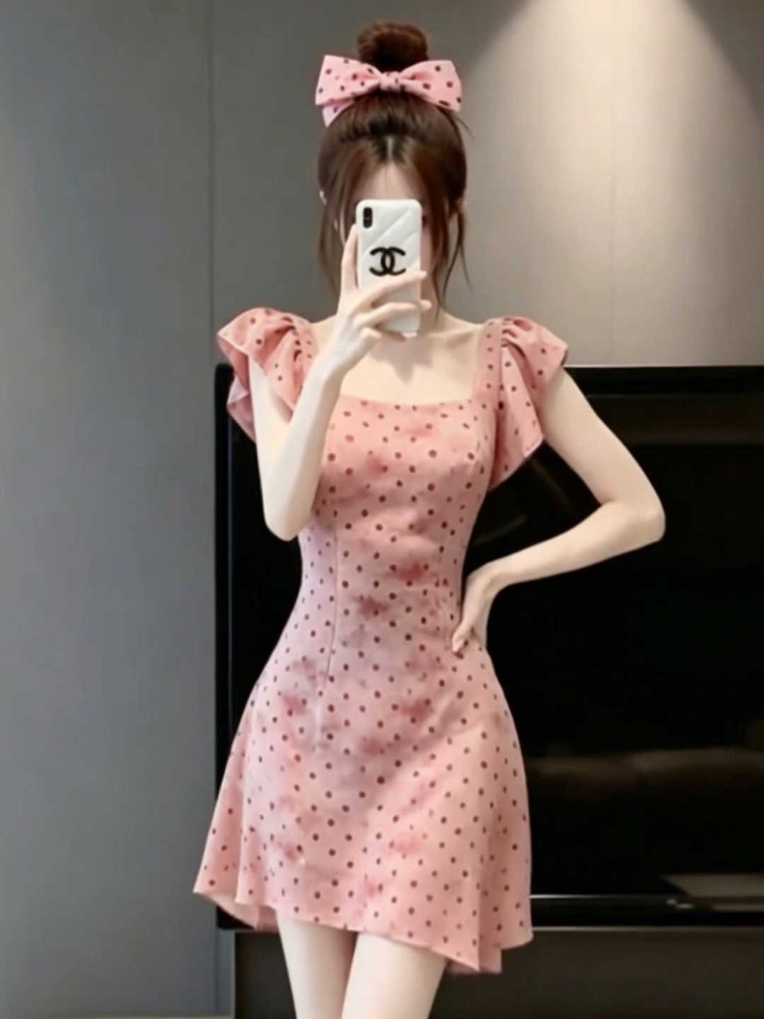 프랑스식 달콤한 스타일 핑크색 광장 칼라 도트 무늬 여성 드레스 여름 새로운 허리 수축 슬림해 보이는 A라인 스커트 품격 짧은 치마