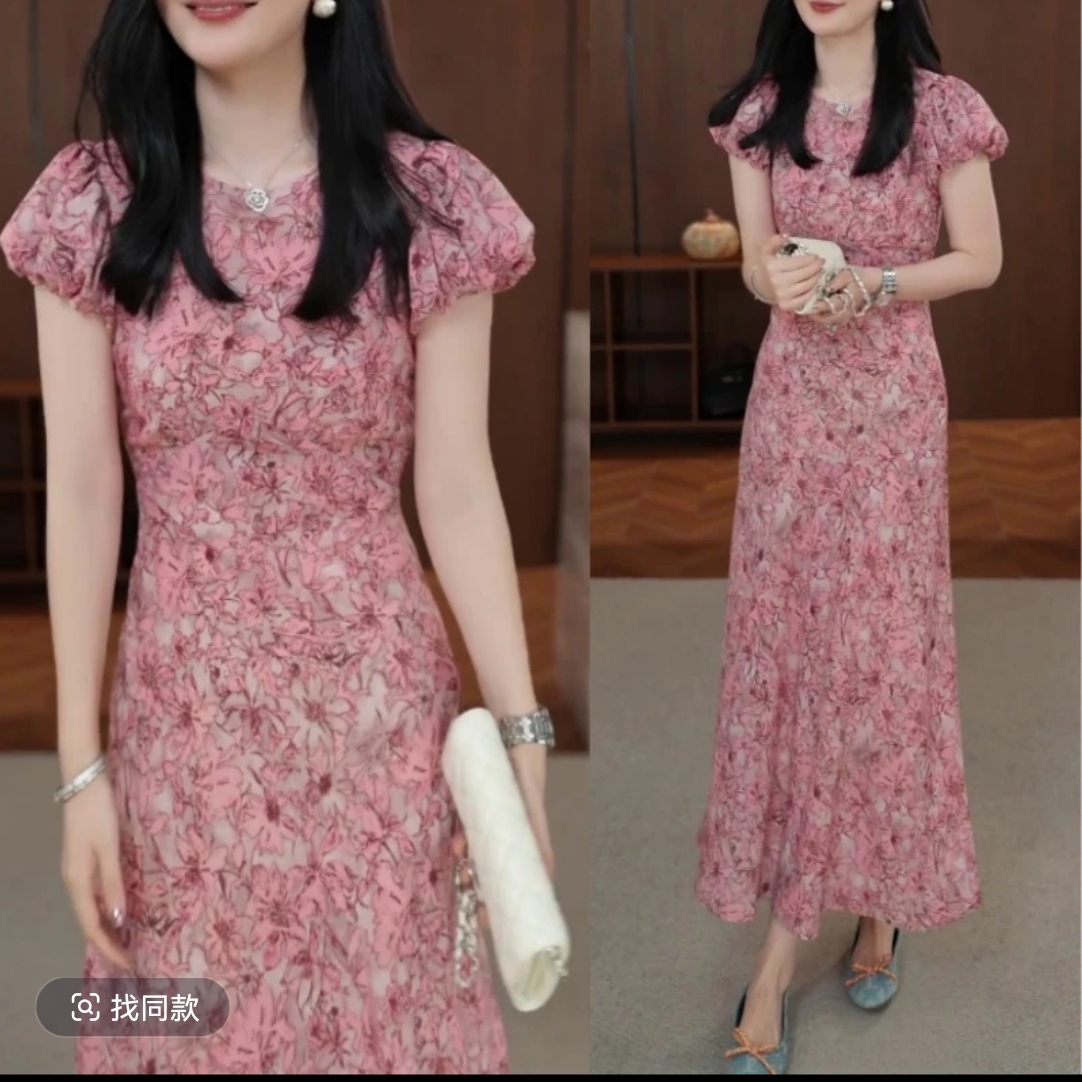 거품 소매 핑크색 꽃무늬 드레스 아이들 2026 여름 새로운 허리 수축 슬림해 보이는 프랑스식 품격 우아함 롱 스커트