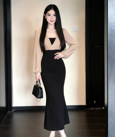프랑스식 천 골드 배색 패치워크 긴팔 여성 드레스 가을 새로운 우아함 품격 허리 수축 슬림해 보이는 타이트 스커트 롱 스커트