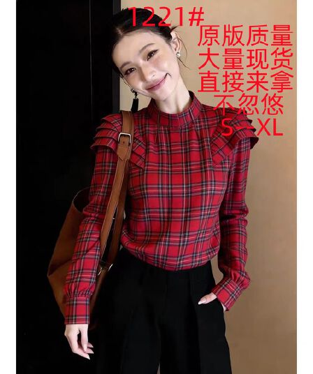 봄 레트로 빨간색 체크무늬 여성 셔츠 스탠드 칼라 프릴 긴팔 출퇴근 다용도 고급 센스 연령 감소 맨위