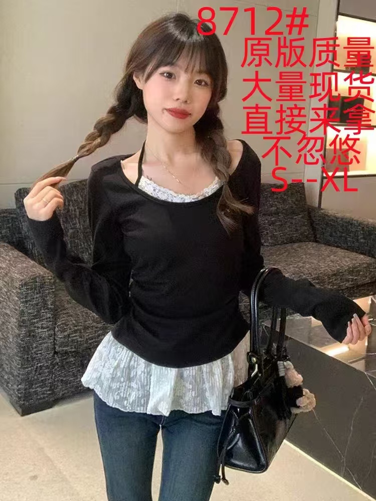 페이크 레이어드 레이스 조각 행침 목 긴팔 티셔츠 여성 봄 여름 디자인 센스 작은 대중 맨위 몸매 가꾸기 슬림해 보이는 기본 셔츠