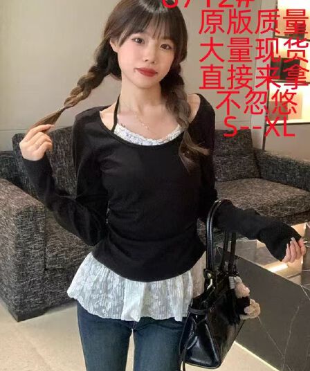 페이크 레이어드 레이스 조각 행침 목 긴팔 티셔츠 여성 봄 여름 디자인 센스 작은 대중 맨위 몸매 가꾸기 슬림해 보이는 기본 셔츠