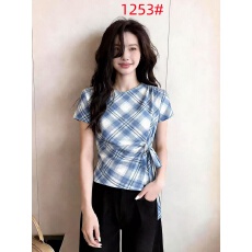 批发韩系蓝色格子绑带收腰短袖<b class='q'>T</b><b class='q'>恤</b>女2026夏季新款<b class='q'>显瘦</b>网纱ins透视上衣