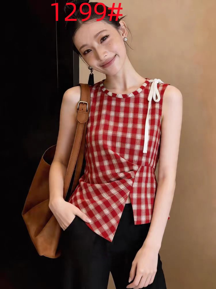 여름 레트로 체크무늬 배색 핫걸 캐미솔 고유 한 디자인 센스 몸매 가꾸기 슬림해 보이는 민소매 오프숄더 맨위