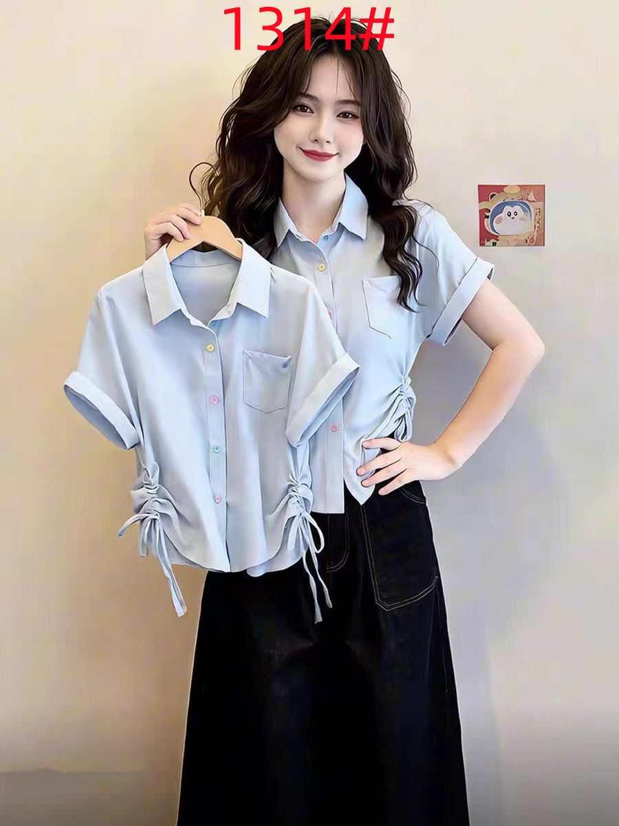 파란색 POLO 칼라 허리 수축 반팔 셔츠 셔츠 2026 여름 한 부서 디자인 센스 펌프 로프 아니요 명중 섹션 맨위 여성