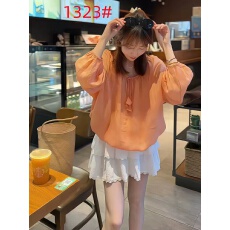批发橙色系带<b class='q'>防晒</b>衬衫女夏季薄款灯笼袖宽松韩系慵懒风泡泡袖天丝上衣