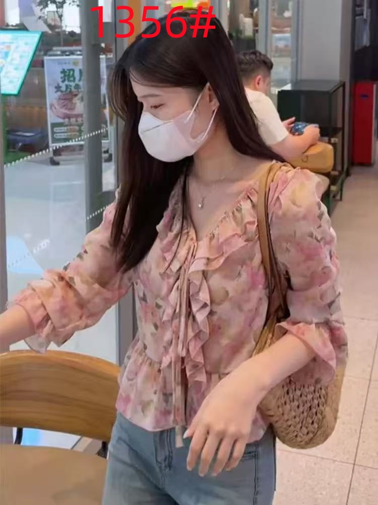 프랑스식 부드러운 달콤함 꽃무늬 V넥 프릴 레이스업 여성 셔츠 여름 아름다운 꼬집기 허리 슬림해 보이는 연령 감소 맨위