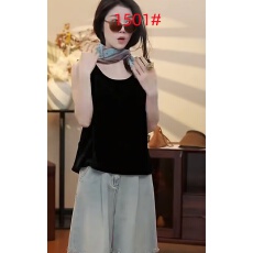 批发2026夏季新款黑色丝绒无袖背心<b class='q'>女</b>小个子宽松圆领气质上衣