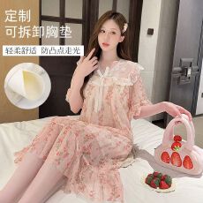 批发<b class='q'>夏</b>季短袖网纱睡裙甜美可爱碎花粉色中长款睡衣加大码带胸垫