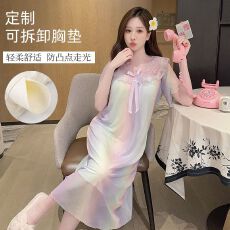 批发网纱短袖睡裙中长款加大码甜美可爱家居服彩虹色带胸垫睡衣