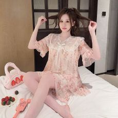 批发网纱夏季<b class='q'>睡衣</b>女短袖套装碎花加大码甜美<b class='q'>可爱</b>家居服带胸垫