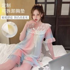 批发网纱睡衣女夏季短袖套装带胸垫新款甜美<b class='q'>加大码</b>彩虹色家居服