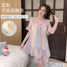 批发夏季网纱睡衣女短袖短裤套装彩虹色甜美<b class='q'>加大码</b>可外穿家居服