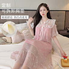 批发夏季网纱睡裙女粉色甜美加<b class='q'>大码</b>短袖中长款带胸垫<b class='q'>睡衣</b>宽松家居服