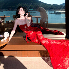 批发<b class='q'>欧美</b>风辣妹连体裙蕾丝抹胸绑带露背性感海边度假长裙生日裙