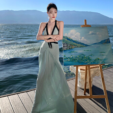 批发名媛感挂脖深V裹胸镂空露背气质挂脖<b class='q'>网纱</b>度假长裙