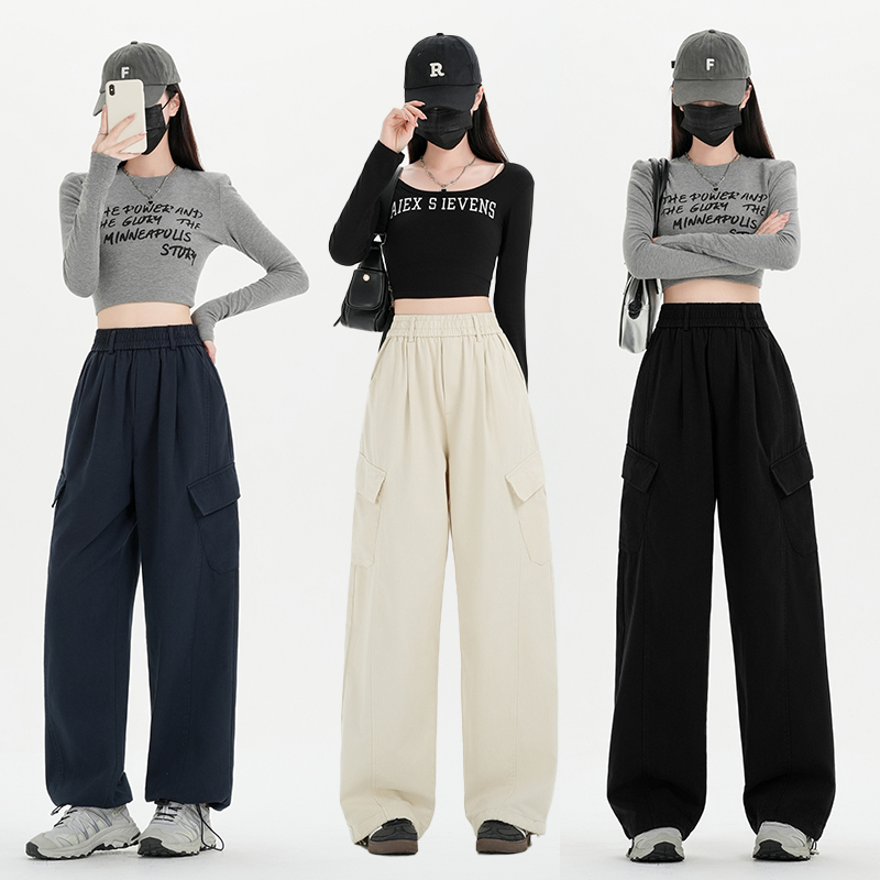 RY501# 实拍水洗棉工装裤女2025春夏百搭时尚高腰显瘦休闲直筒束脚长裤