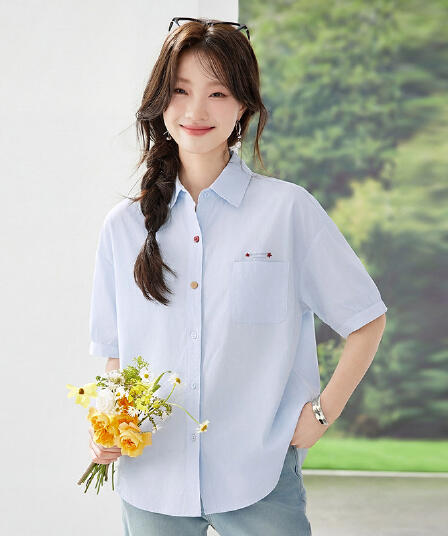 공식 그림 여름 순면 자수 반팔 셔츠 루즈핏 땀 흡수 통기성 폴로 칼라 품격 출퇴근 착용 잡아라. 의류 여성