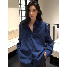 批发老钱风松弛感宝蓝色<b class='q'>衬衫</b>女秋季宽松休闲叠穿通勤<b class='q'>衬衣</b>气质长袖上衣
