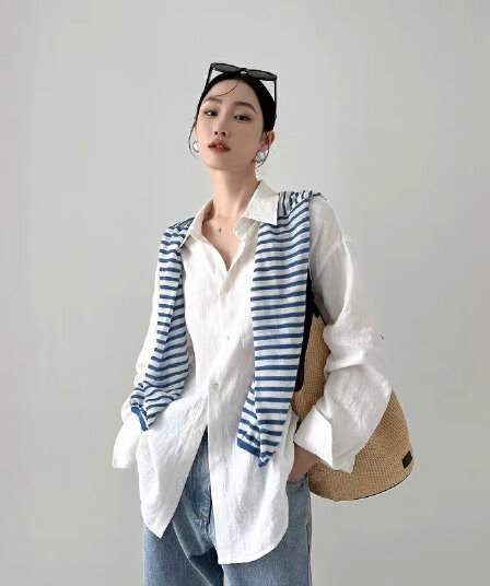 프랑스식 화이트 아마 오래된 돈 바람 여성 셔츠 봄 여름 루즈핏 느긋한 바람 느슨함 센스 면 린넨 셔츠 자외선 차단 맨위
