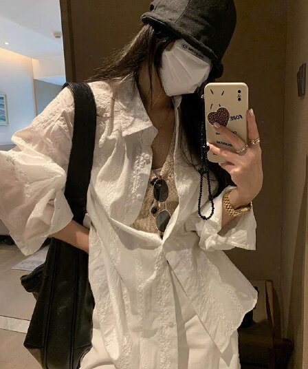 yoogirls 느슨함 센스 프로필 모양 화이트 아마 자수 긴팔 여성 셔츠 봄 여름 얇은 스타일 자외선 차단 셔츠 재킷
