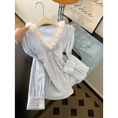 批发蓝色条纹蕾丝系带长袖衬衫女士气质上衣小个子2026春超火减龄衬衣