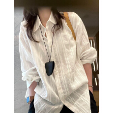 批发韩系白色条纹衬衫女慵懒风2026春夏宽松休闲衬衣长袖防嗮上衣<b class='q'>外套</b>
