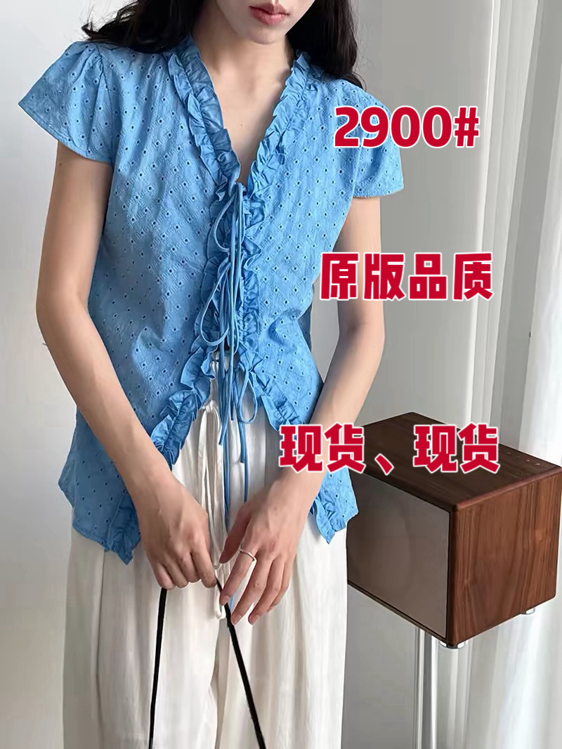 프랑스식 휴가 바람 프릴 자수 V넥 반팔 여성 셔츠 여름 홀로우 아웃 자수 스트랩 셔츠 작은 셔츠 맨위