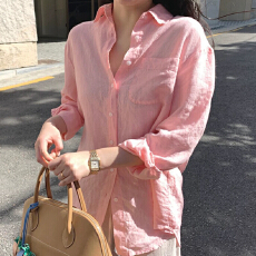 批发好品质韩国亚麻宽松简约<b class='q'>春</b>夏粉色亚麻衬衫女长袖防晒凉爽通勤
