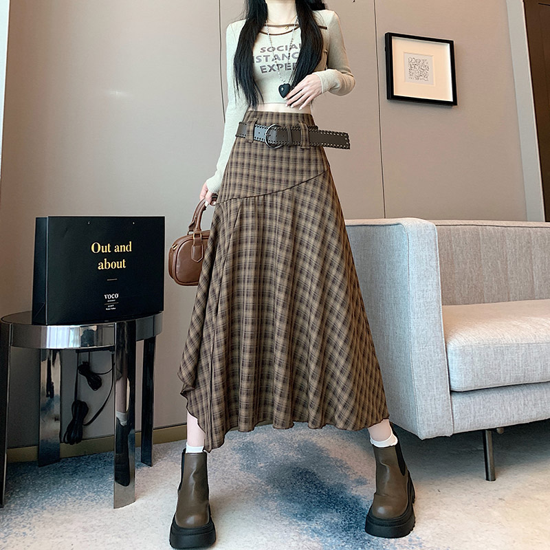 MY12905# 新款韩系复古简约百搭不规则格子半身裙女宽松显瘦长裙女裝貨...