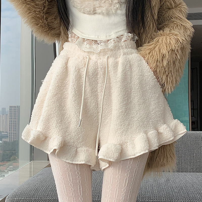 MY15453# 新款毛毛下摆波浪边休闲短裤女装显瘦靴裤羊羔毛阔腿裤女裝貨...