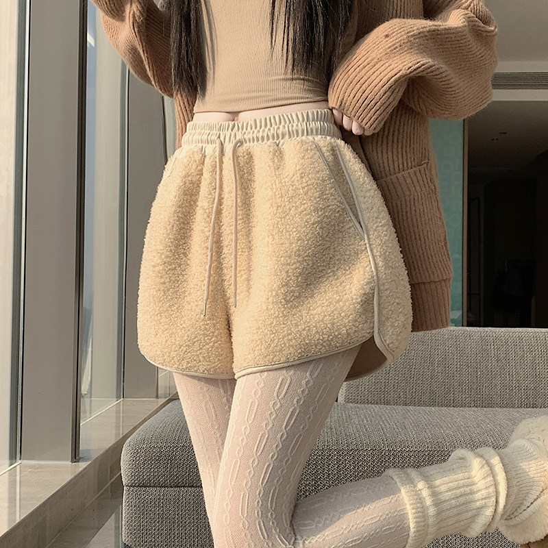 MY15452# 羊羔绒短裤女新款高腰a字显瘦慵懒打底保暖毛绒靴裤女裝貨源...