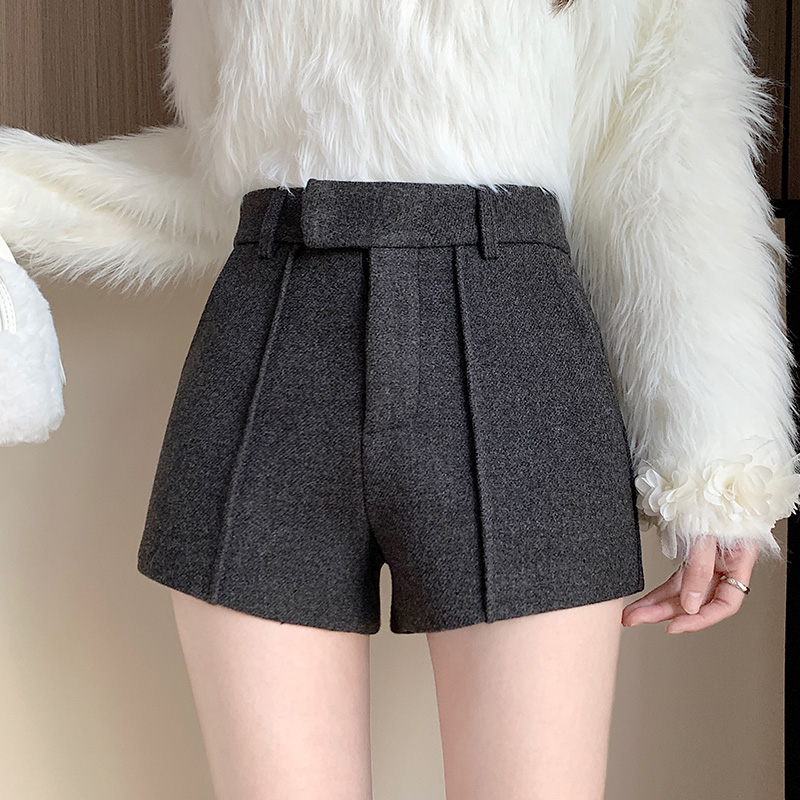 MY15451# 高级感辣妹a字靴裤女秋冬新款加厚毛呢高腰百搭显腿热裤短裤...