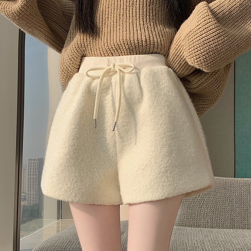 MY15448# 简约气质纯色毛呢抽绳高腰休闲裤小众加厚包臀短裤女裝貨源服...