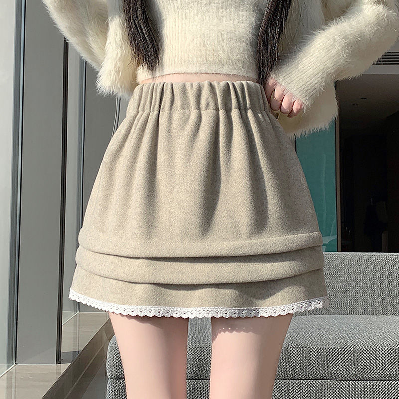 MY15450# 韩国东大门女装新款冬季A字裙花边撞色半身裙毛呢短裙女裝貨...