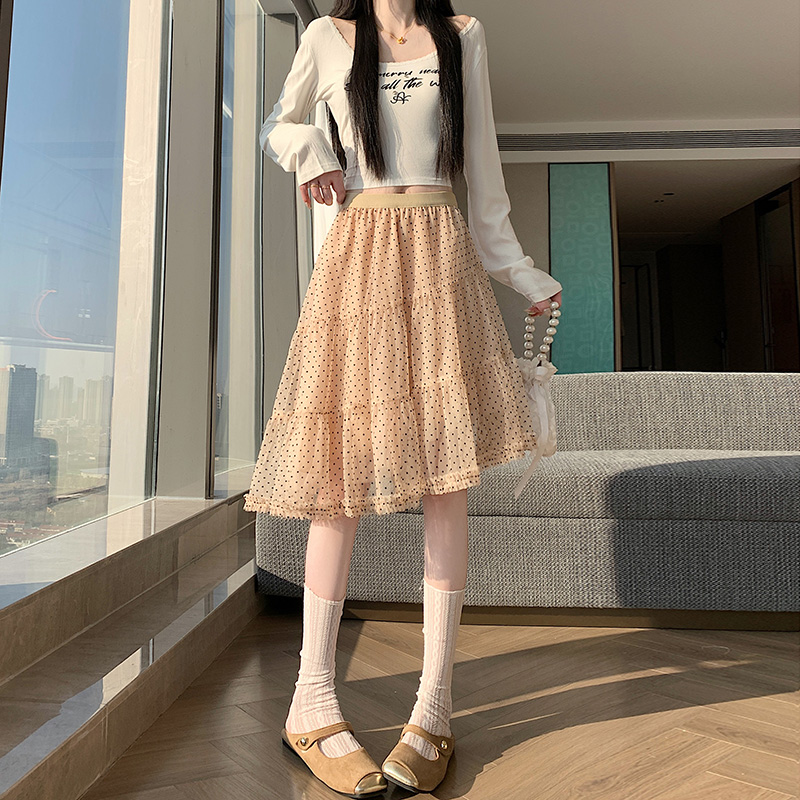 实拍2026年春季新款韩版宽松高腰不规则显瘦百搭波点网纱半身裙