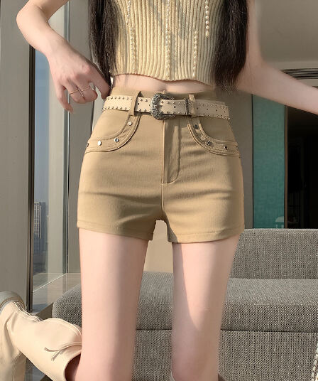 실사 징 캐주얼 반바지 여성 봄 여름 아메리칸 뜨거운 핫걸 하이웨이스트 몸매 가꾸기 스트레이트 바지 타이트 핫 바지 외출용