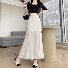 批发实拍米白色西装<b class='q'>半身</b>裙女夏季气质A字伞裙压褶雪纺拼接<b class='q'>包臀</b><b class='q'>长裙</b>子