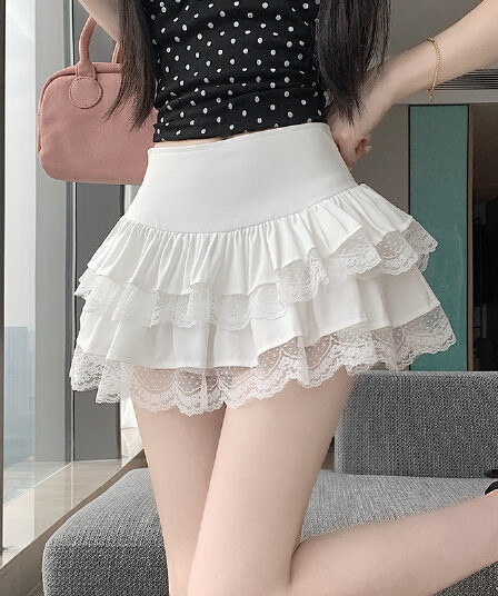 실사 순수한 욕망 레이스 반신 스커트 여름 여성 의류 달콤함 치마 슬림해 보이는 하이웨이스트 퍼프 스커트 한 마디 미니 스커트 케이크 드레스