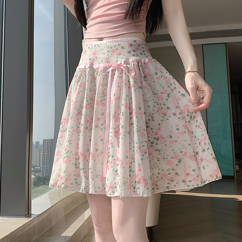 실사 달콤함 작은 청신 쉬폰 꽃무늬 레이스업 나비 매듭 반 스커트 여성 여름 하이웨이스트 슬림해 보이는 한 마디 미니 스커트
