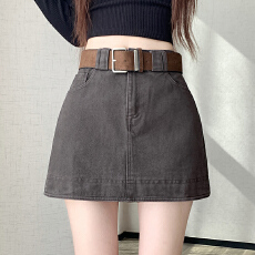 批发实拍<b class='q'>复古</b>咖色工装牛仔短裙女秋冬高腰a字裙防走光美拉德半身裙