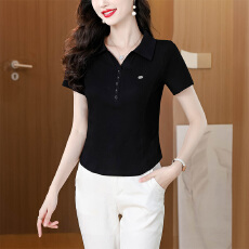 批发洋气<b class='q'>妈妈装</b>黑色翻领短袖上衣薄款小衫2026新款显瘦遮肉女T恤